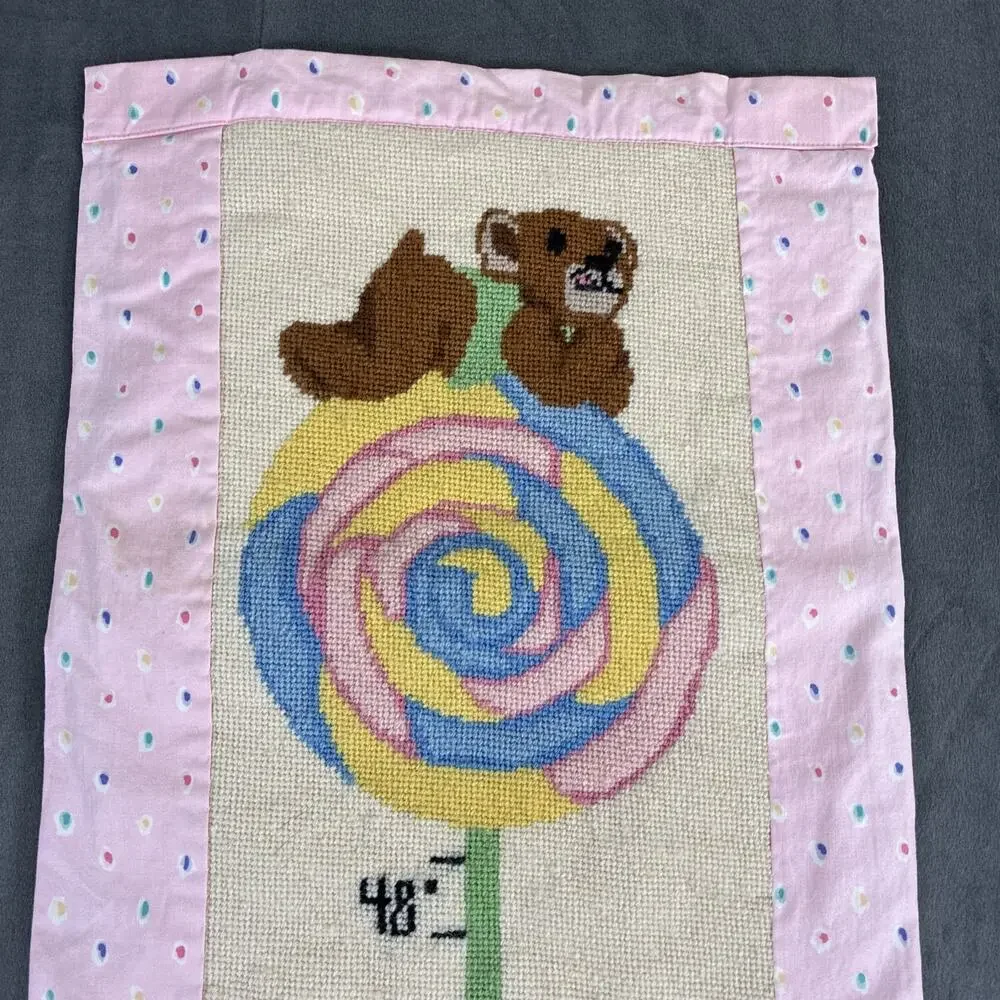 Vintage Needlepoint Growth Chart Pink Multi Bears Lollipop Bow Fabric Backed